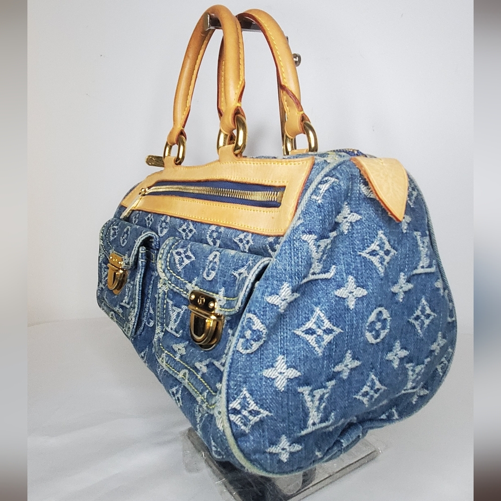 Louis Vuitton Monogram Denim Neo Speedy Blue and Tan Leather Handbag - Picture 3 of 16